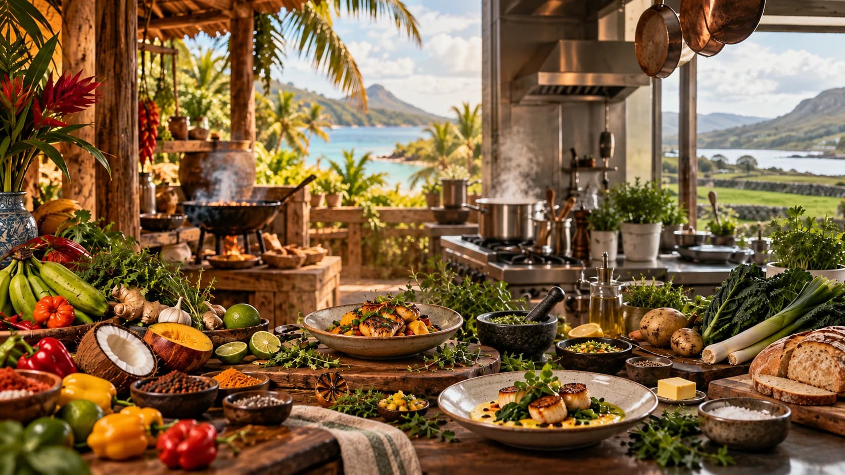 A Caribbean timber kitchen with tropical produce flowing into an Irish professional kitchen with local vegetables and mountain views