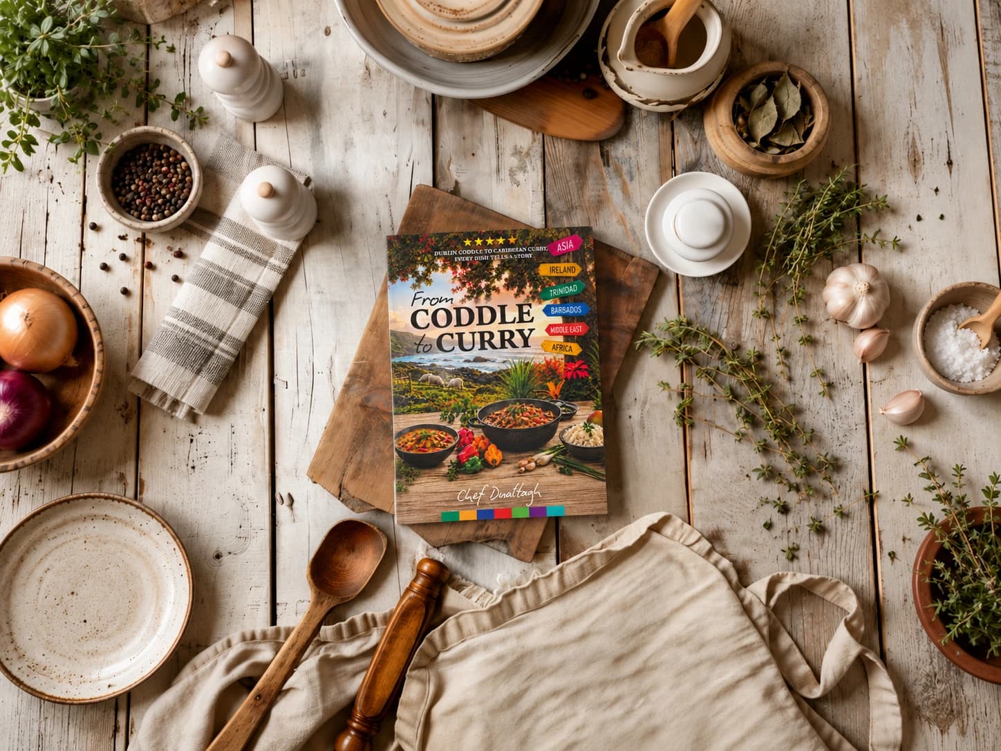 From Coddle to Curry softcover cookbook surrounded by crockery, herbs and kitchen tools